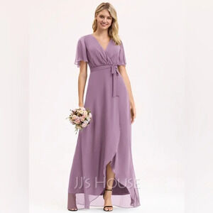 JJshouse A-Line V-neck Asymmetrical Chiffon Bridesmaid Dress With Bow tie